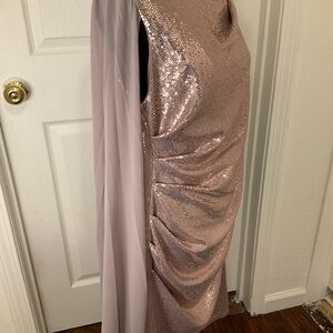 R & M Richards Rose Gold Sequin Draped Wedding Dress